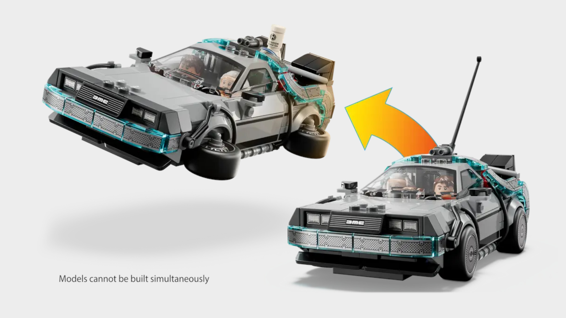 Lego Back to the Future set in two different modes, with an orange arrow pointing between them