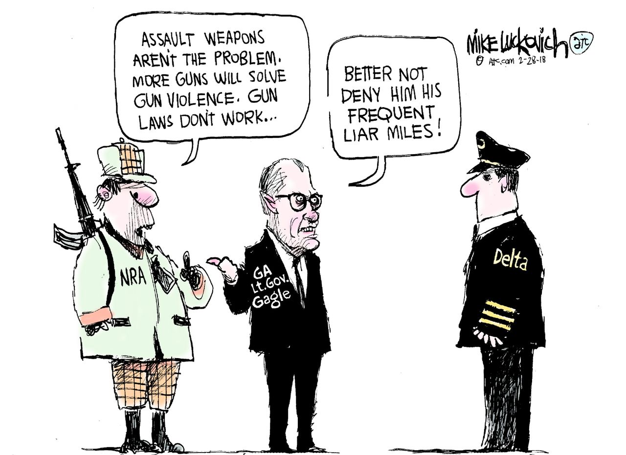 Political cartoon U.S. Gun violence Delta drops NRA AR-15