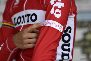 A Fight for Stig label on a Lotto Soudal jersey