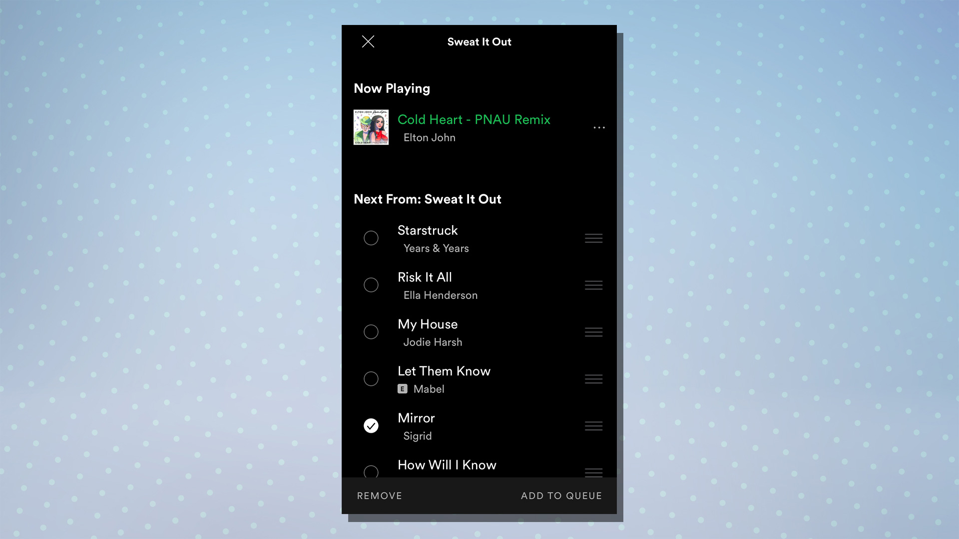A screenshot from Spotify showing the workout feature