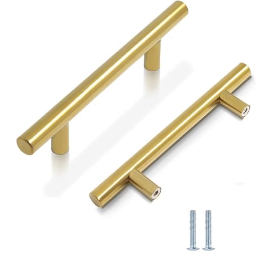 2 Pack Kitchen Cupboard Handles Stainless Steel Kitchen Door Handles Brushed Cabinet Handles Wardrobe Handles Drawer Handles (2 Pack Gold, Hole Centre 96mm)