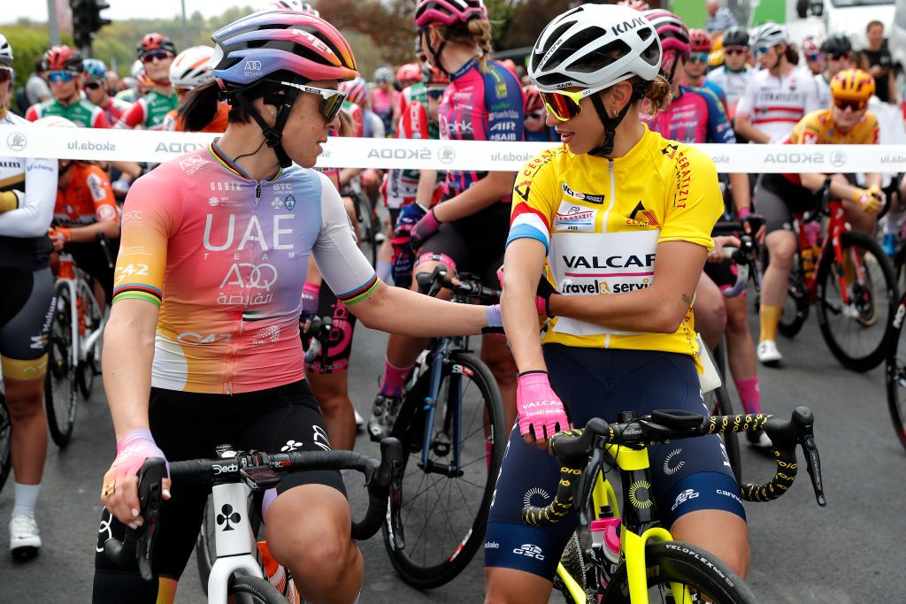 GARNICH LUXEMBOURG MAY 01 LR Marta Bastianelli of Italy and UAE Team ADQ and Silvia Persico of Italy and Team Valcar Travel Service Yellow Leader Jersey prior to the 14th Ceratizit Festival Elsy Jacobs 2022 Stage 2 a 1093km stage from Garnich to Garnich felsy on May 01 2022 in Garnich Luxembourg Photo by Bas CzerwinskiGetty Images