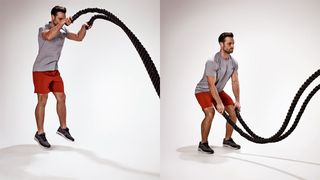Man demonstrates jumping slam battle ropes exercise