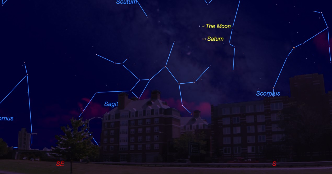 Low in the eastern sky in the hours before dawn on Monday, March 20, (the first day of northern Spring) the last quarter moon will sit 2.5 degrees above the ringed planet Saturn. With Saturn rising at 2:30 a.m. local time, the pair will be best viewed bef