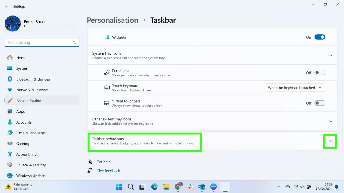 Screenshot showing how to change the alignment of your Windows 11 taskbar - select taskbar behaviors