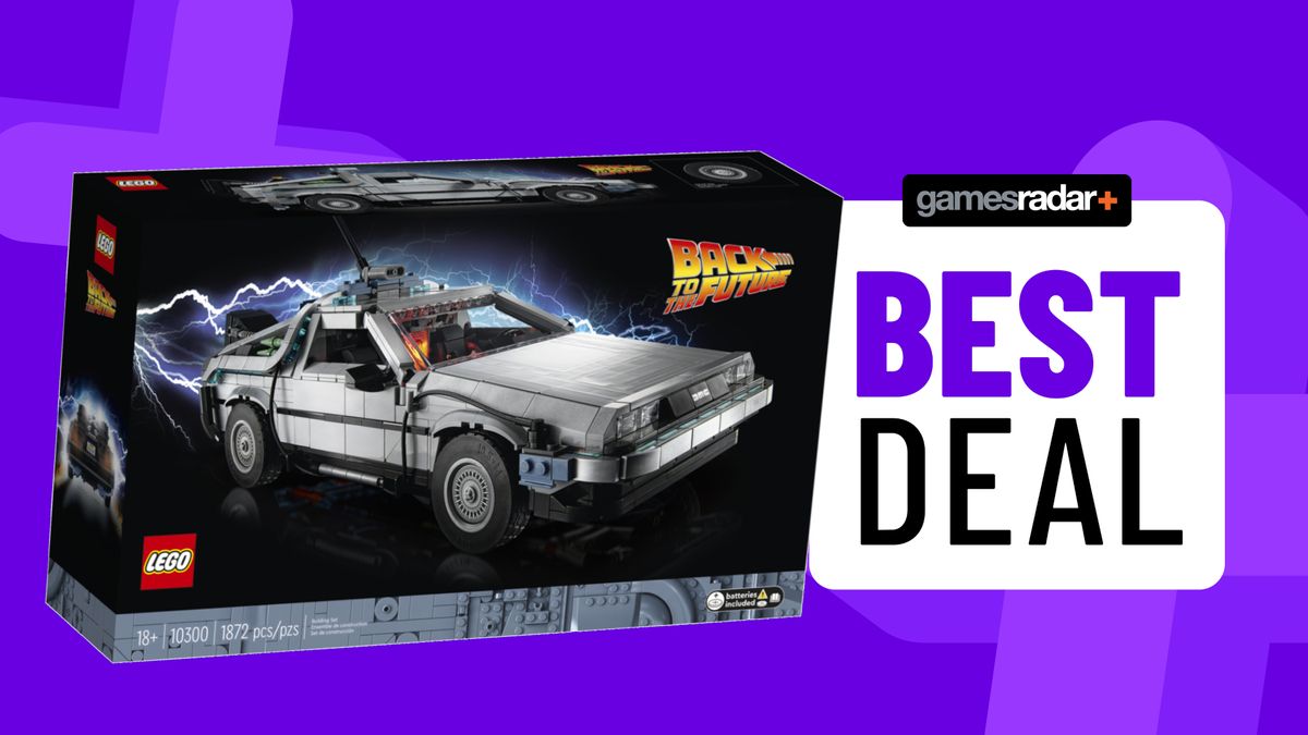 Lego Back to the Future DeLorean box on a purple background, next to a &#039;best deal&#039; badge