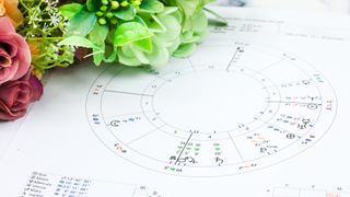 Aquarius compatibility: Printed astrology birth chart and white roses, workplace of astrology, spiritual, The callings, hobbies and passion, blueprints and life mapping.