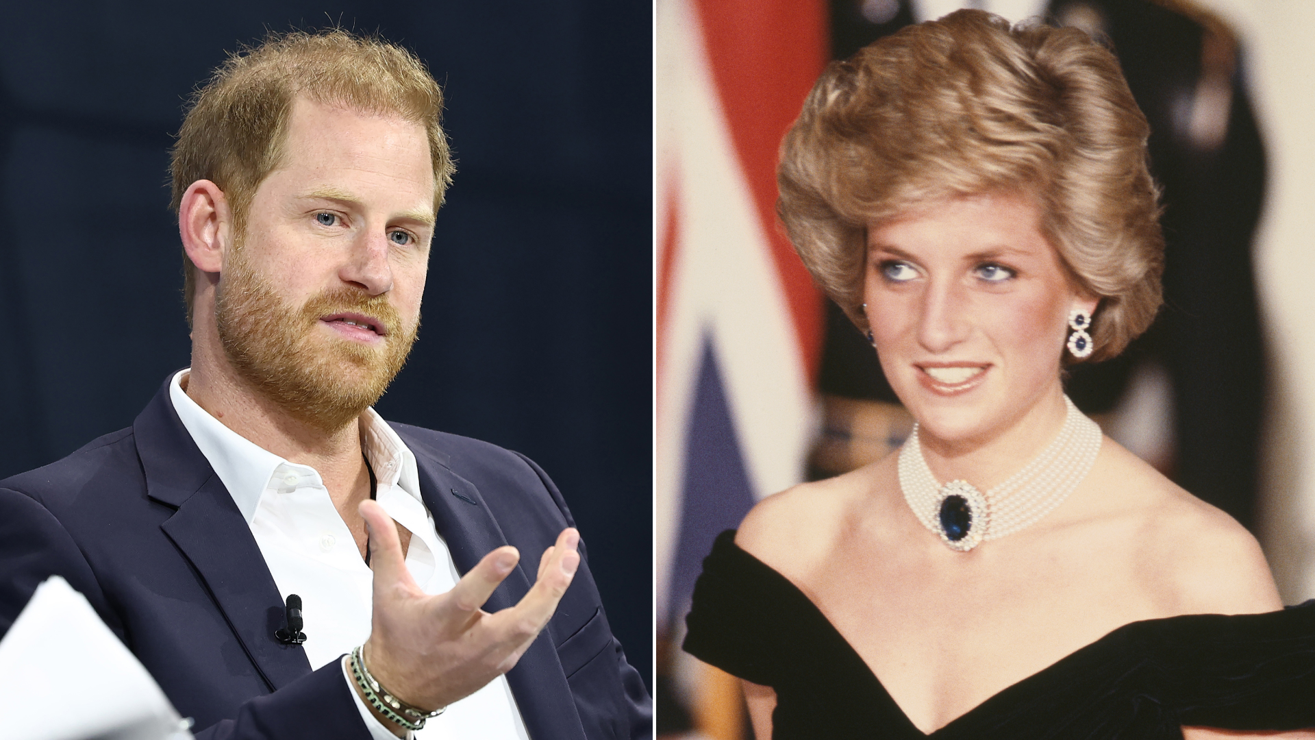 Prince Harry wears a suit with an open white shirt and gesticulates, following news he's offering continued support to a charity beloved by his late mom Princess Diana