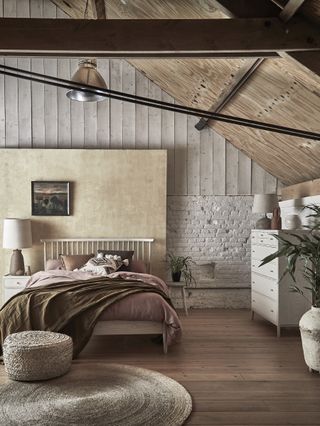 farmhouse bedroom with wooden bed