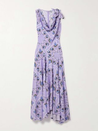 Asymmetric Embellished Draped Printed Silk Crepe De Chine Midi Dress