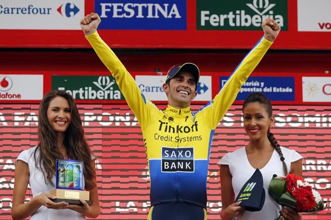 Alberto Contador (Tinkoff-Saxo) celebrates his stage 16 win in the Vuelta