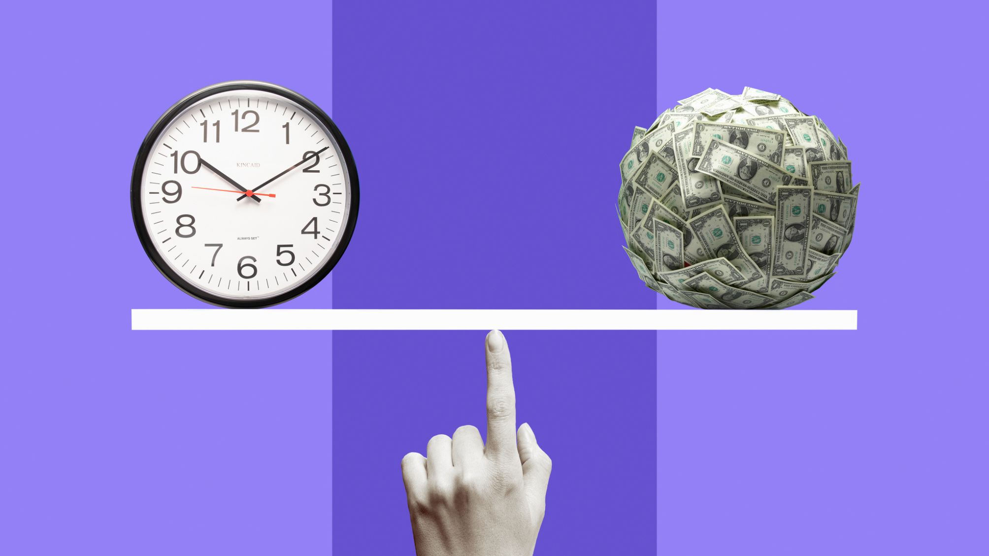 A clock and a ball of money balancing on a finger.
