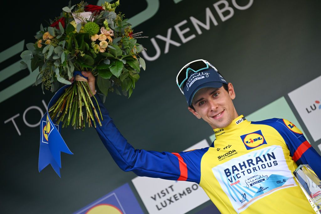 LUXEMBOURG LUXEMBOURG SEPTEMBER 22 Antonio Tiberi of Italy and Team Bahrain Victorious celebrates at podium as Yellow leader jersey winner during the 84th Tour de Luxembourg 2024 Stage 5 a 1769km stage from Mersch to Luxembourg UCIWT on September 22 2024 in Luxembourg Luxembourg Photo by Tim de WaeleGetty Images