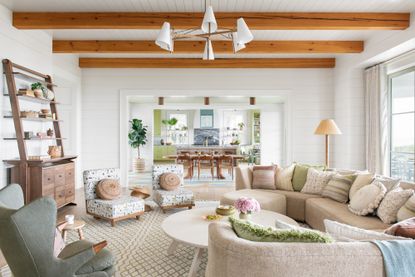 a modern living room with shiplap