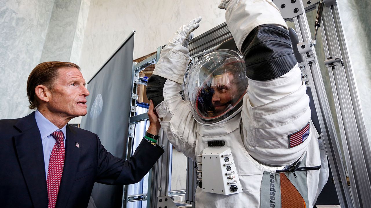 Senator Richard Blumenthal (D-CT) inspects a prototype of the Next Generation Space Suit system produced by Collins Aerospace, a unit of United Technologies Corporation, during the Space Day on the Hill on Thursday, July 25, 2019 in Washington. The showcase was timed to commemorate the 50th Anniversary of Apollo 11.