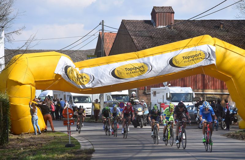One of the calamtious moments of the Tour of Flanders when a sponsors inflatable arch decided to lose its air mid-race