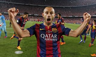 Javier Mascherano celebrates Barcelona's victory over Athletic Club in the 2015 Copa del Rey final.