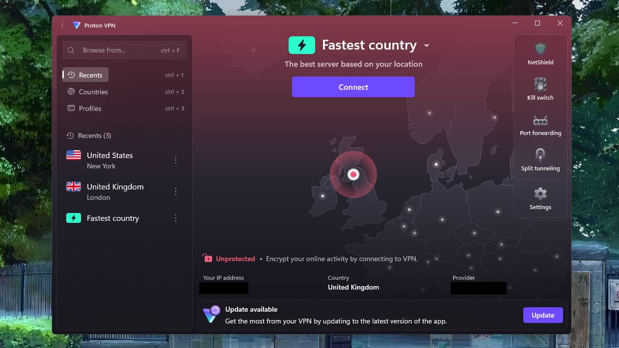 A screenshot of the Proton VPN app on Windows 11.