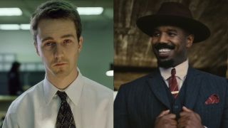 Edward Norton looking beat up in Fight Club, Michael B. Jordan smiling in Sinners