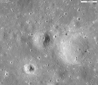 The Apollo 12 landing site in Oceanus Procellarum imaged during the second Lunar Reconnaissance Orbiter low-altitude campaign. This image was released on March 6, 2012.