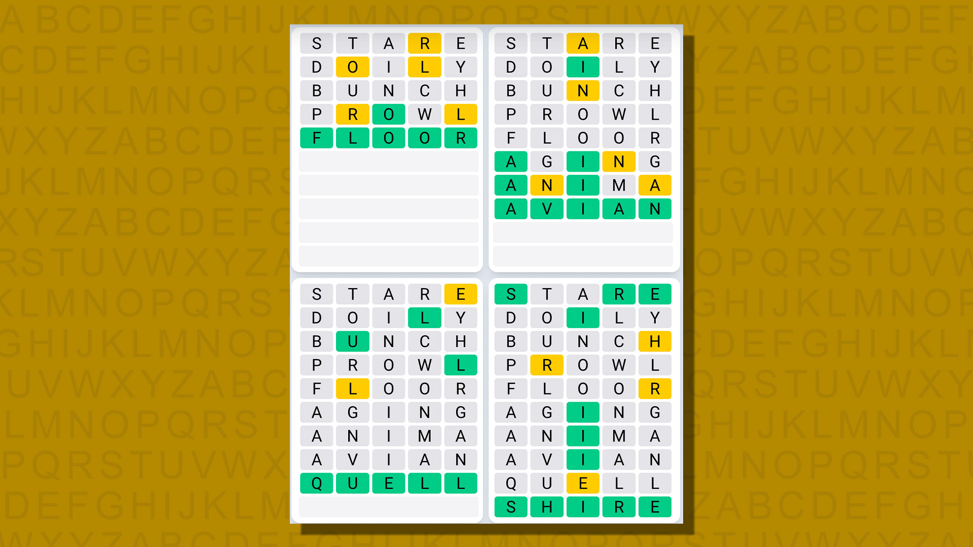 Ежедневная последовательность ответов Quordle для игры 750 на желтом фоне
