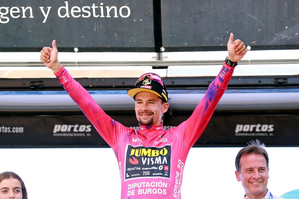 VILLARCAYO SPAIN AUGUST 17 Primo Roglic of Slovenia and Team JumboVisma celebrates at podium as Purple Leader Jersey winner during the 45th Vuelta a Burgos 2023 Stage 3 a 183km stage from Sargentes de la Lora to Villarcayo on August 17 2023 in Villarcayo Spain Photo by Gonzalo Arroyo MorenoGetty Images