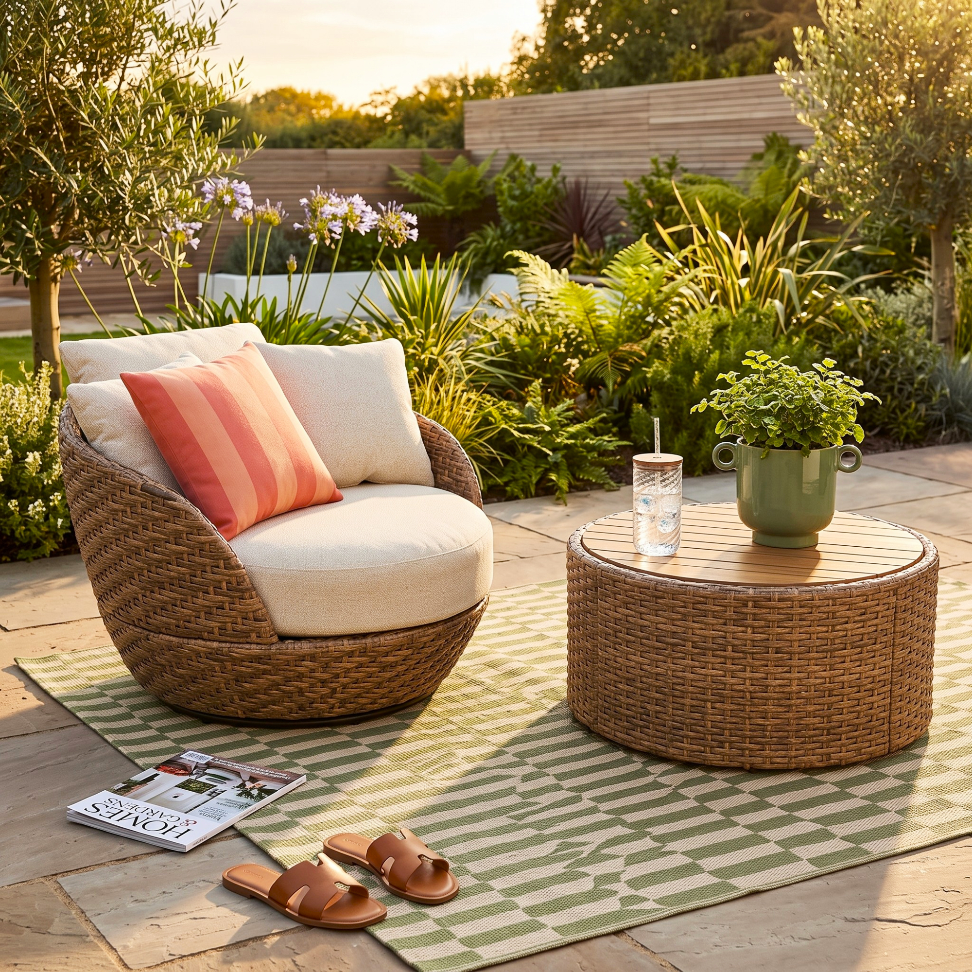 Beautiful garden furniture by Drew Barrymore at Walmart in a pretty garden