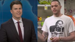 Colin Jost sitting at the Weekend Update desk, shown next to Pete Davidson acting in a sketch on Saturday Night Live - S50 E5.