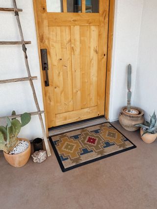 A wooden internal door with potted plants and a patterned doormat