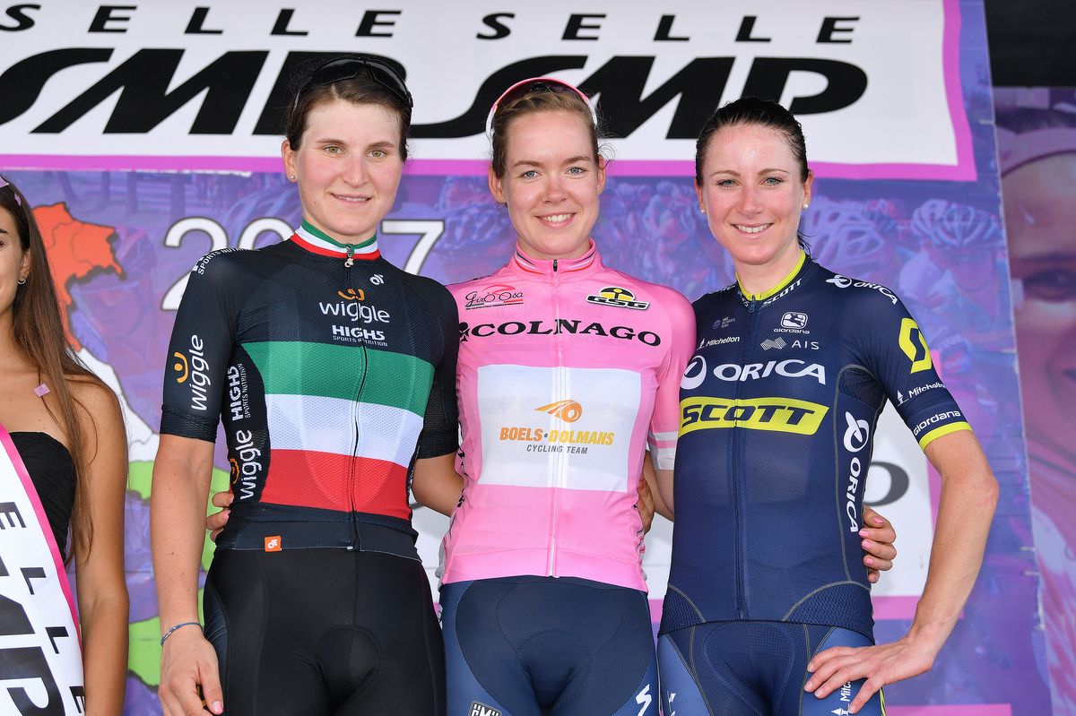 The overall podium: Elisa Longo Borghini (Wiggle-High5), Anna van der Breggen (Boels-Dolmans) and Annemiek van Vleuten (Orica-Scott)
