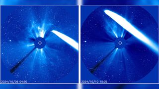 two views of a coronagraph showing a very bright comet as a streak, moving through the image