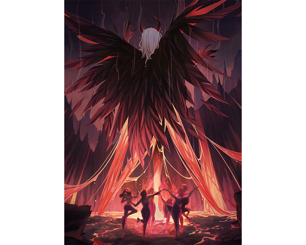 Digital art showing fantasy characters dancing