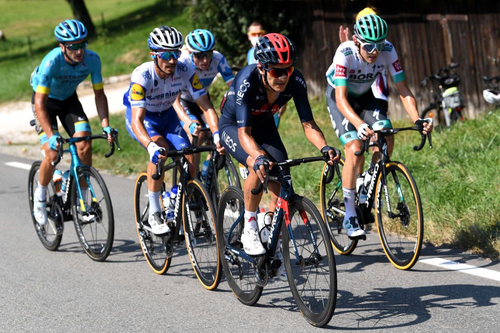 MERIBEL FRANCE SEPTEMBER 16 Julian Alaphilippe of France and Team Deceuninck QuickStep Richard Carapaz of Ecuador and Team INEOS Grenadiers Gorka Izagirre Insausti of Spain and Astana Pro Team Lennard Kamna of Germany and Team Bora Hansgrohe Daniel Martin of Ireland and Team Israel StartUp Nation Breakaway during the 107th Tour de France 2020 Stage 17 a 170km stage from Grenoble to Mribel Col de la Loze 2304m TDF2020 LeTour on September 16 2020 in Mribel France Photo by Tim de WaeleGetty Images