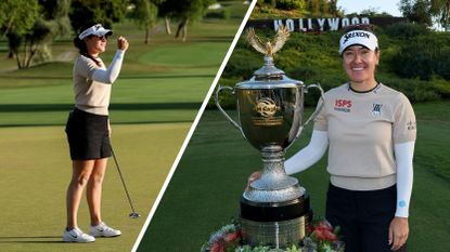 (left) Hannah Green fist pumps the air after holing the winning putt at the JM Eagle LA Championship while (right) she stands next to the trophy and smiles