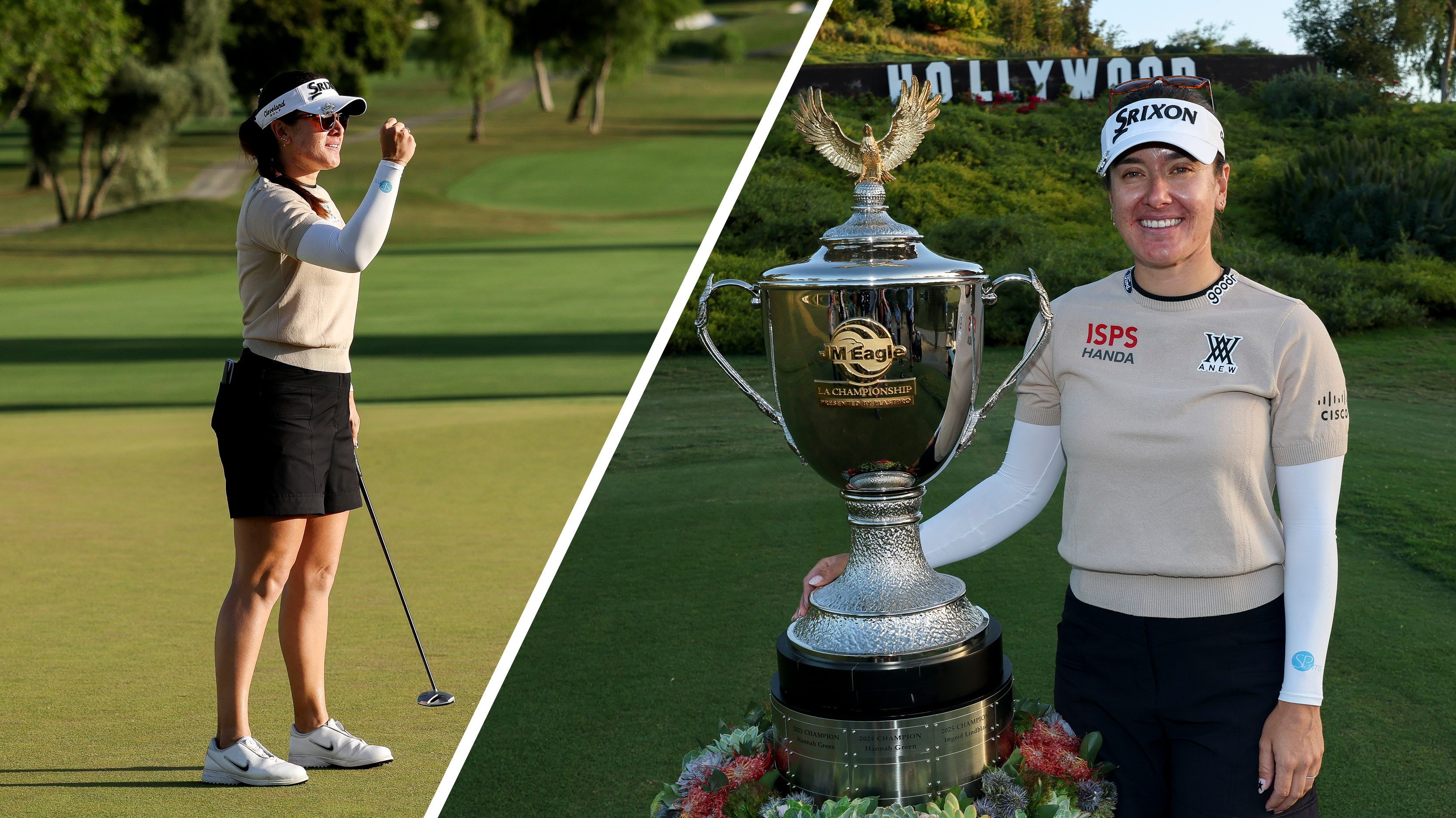 (left) Hannah Green fist pumps the air after holing the winning putt at the JM Eagle LA Championship while (right) she stands next to the trophy and smiles