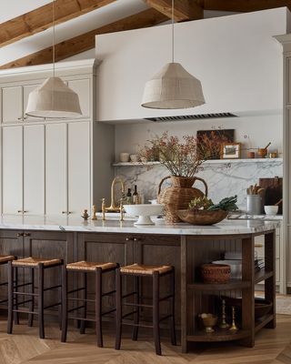 wood kitchen with curved edges to the island