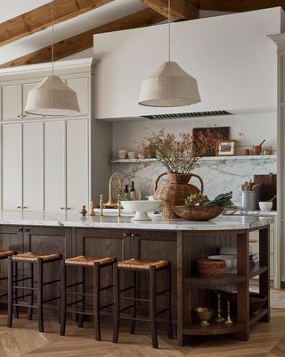 Wooden kitchen with curved edge island