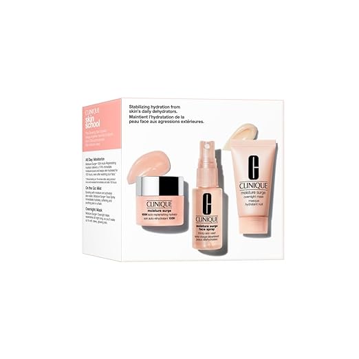 Clinique, Clinique Skin School Supplies Set: Glowing Skin Essentials | Moisture Surge 1h Auto-Replenishing Hydrator, 0.5 Fl Oz | Face Spray Thirsty Skin Relief, 1 Fl Oz | Overnight Mask, 1 Fl Oz