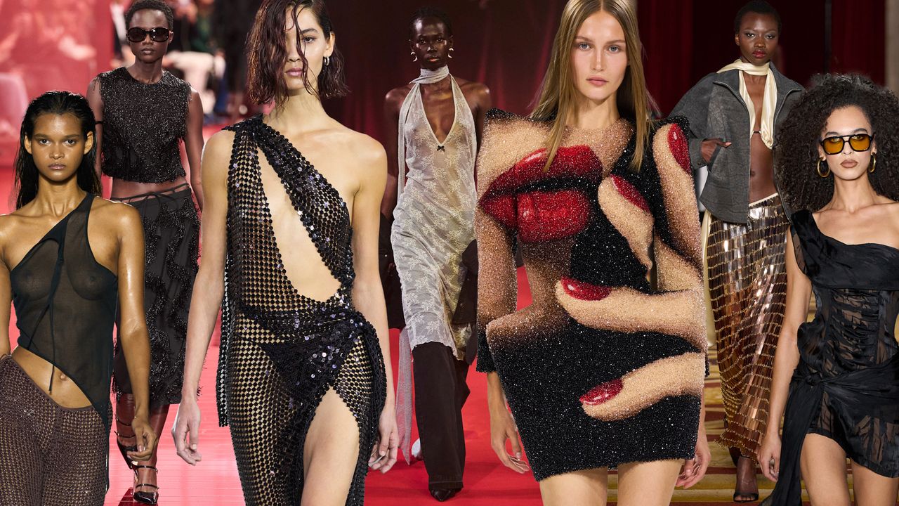 party trends of 2025 shown in a collage of models wearing the biggest going-out trends from the fall 2024 and spring 2025 runway collections of Andreadamo, Gucci, The Attico, Balmain, LaQuan Smith, and Kim Shui