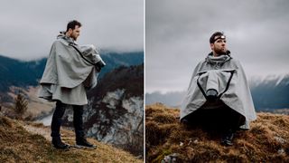 Two images of a man wearing the Photo Storm Cape in a mountainous area