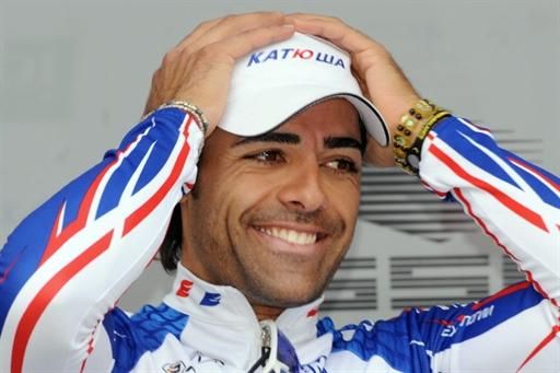 Danilo Napolitano (Katusha) celebrates his first win of the season on the podium.