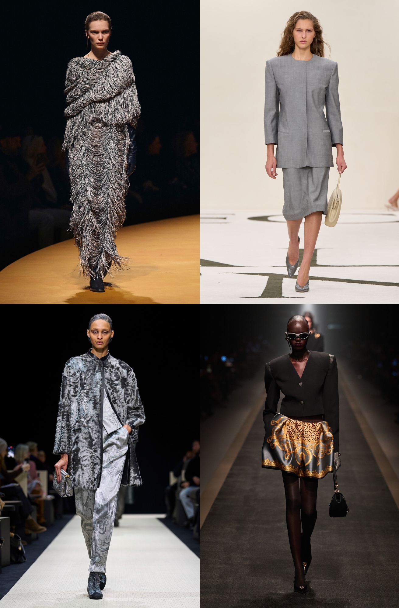 Zdjęcie szarego odcienia na wybiegach Khaite, Calvin Klein, Versace, Giorgio Armani jesień/zima 2025, jednego z głównych trendów kolorystycznych jesieni 2025 roku.