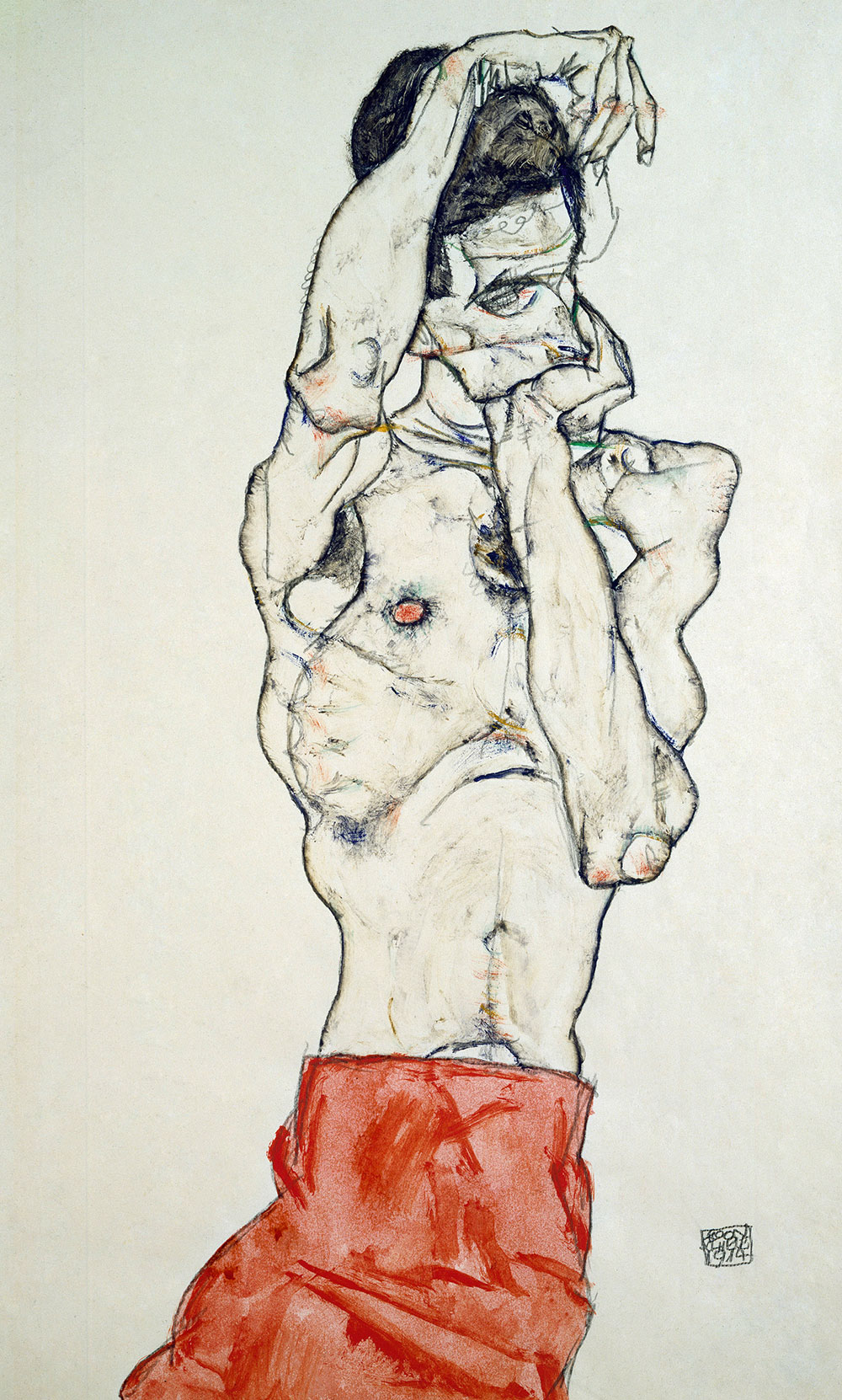 Standing Male Nude with Red Loincloth, 1914, pencil, water-colour and tempera on paper, 18in by 12½in, by Egon Schiele (1890–1918), The Albertina Museum, Vienna, Austria.