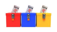 Red, blue and yellow ballot boxes