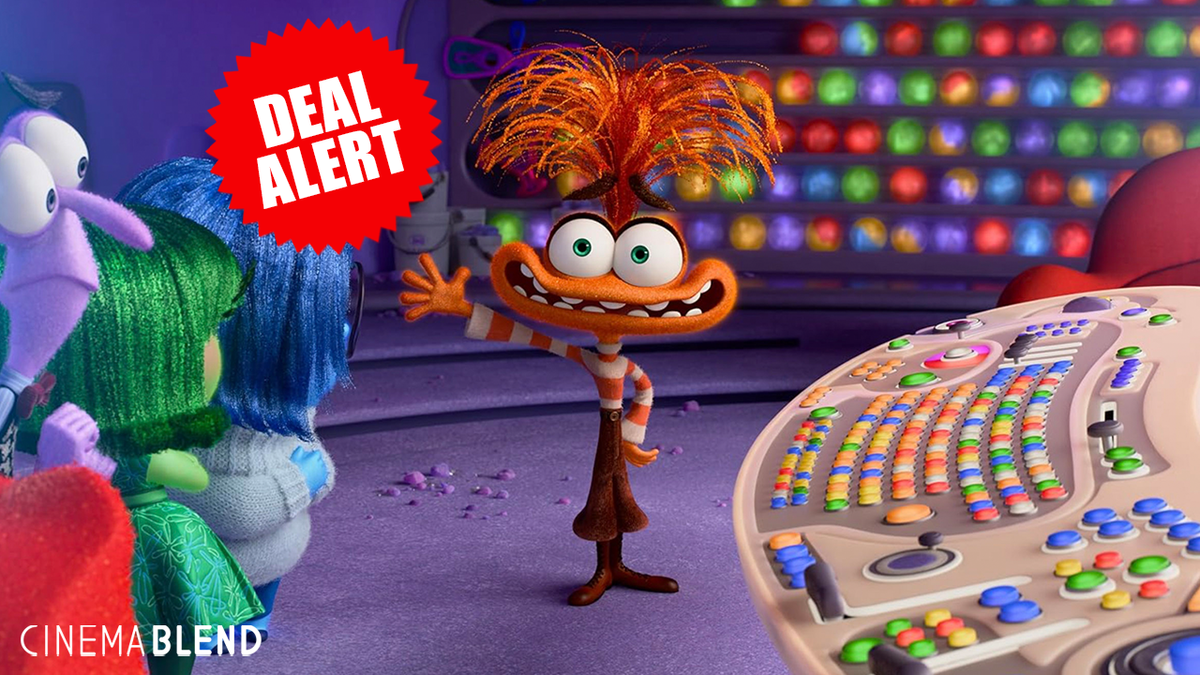 Anxiety from Inside Out 2, looking as if they are pointing to a &#039;deals alert&#039; badge