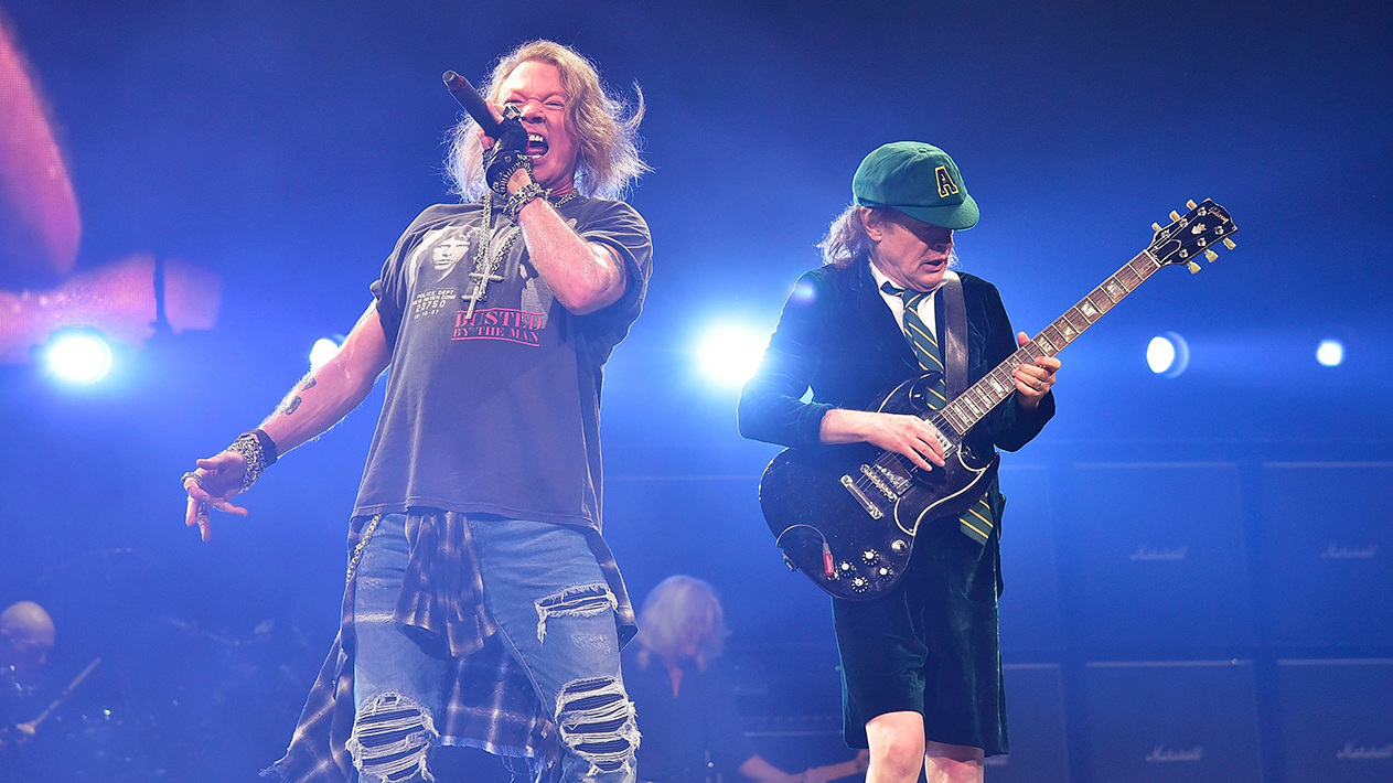 Axl Rose and Angus Young onstage during AC/DC&#039;s Rock Or Bust tour