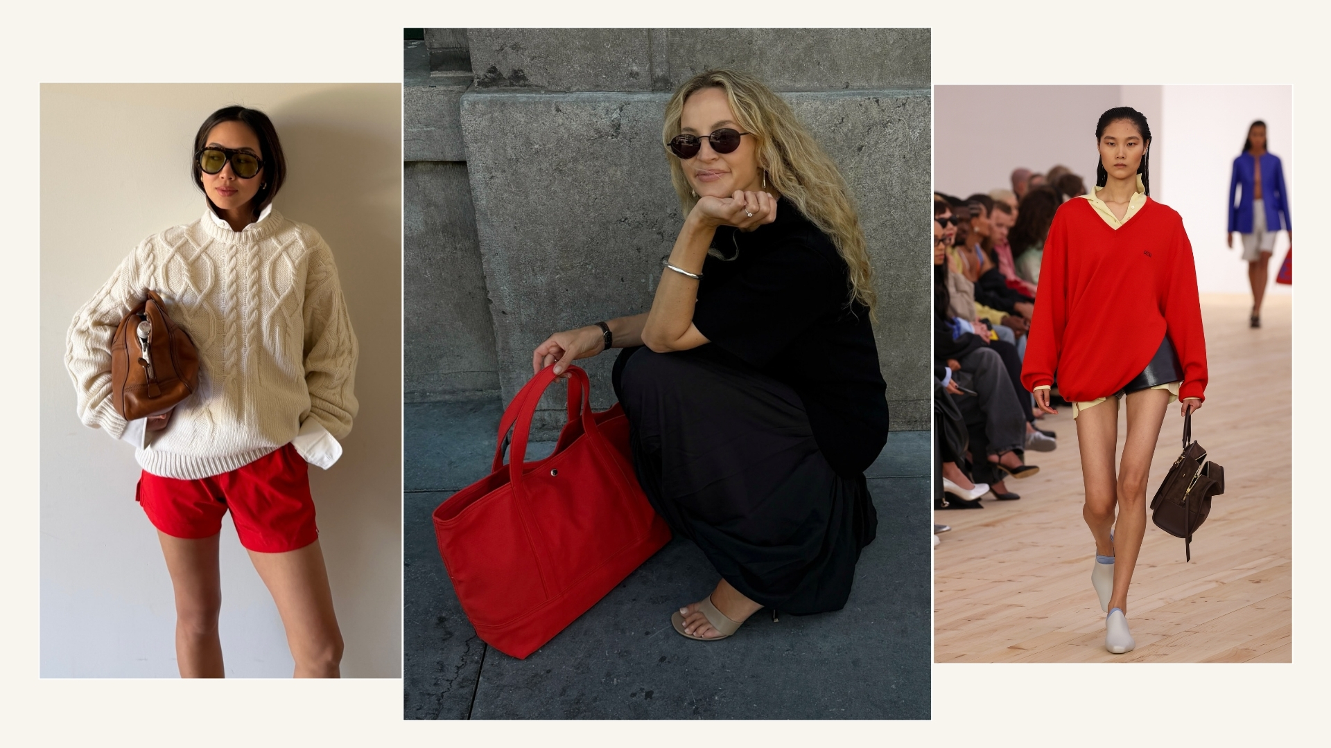 Influencer Aimee Song wears red shorts, influencer Anouk Yve carries a red tote bag and a model wears a red sweater on the Loewe runway.
