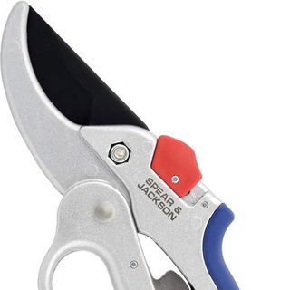 Silver, black and blue Spear & Jackson 6758GS Razorsharp Geared Anvil Secateurs on a white background