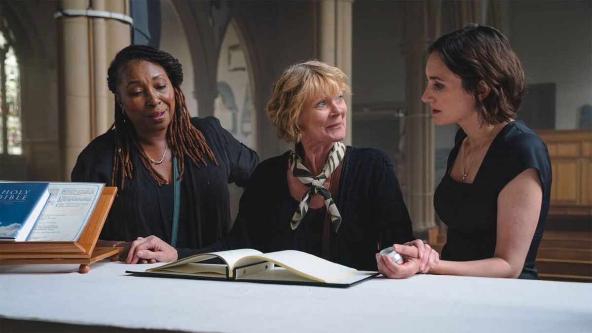 The three members of the Marlow Murder Club, from left, Jo Martin as Suzie, Samantha Bond as Judith and Cara Horgan as Becks