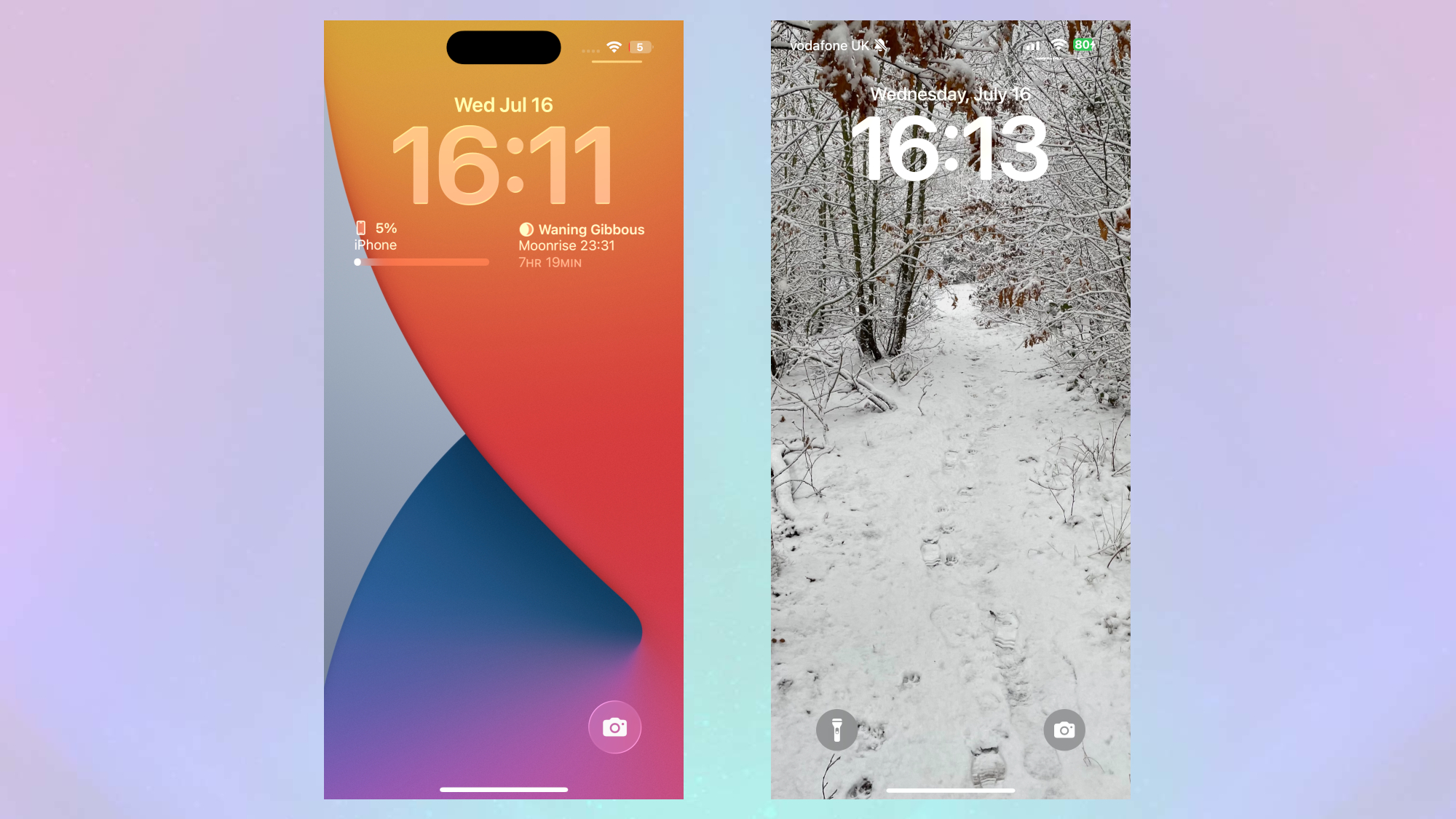 Difference between the lock screen on iOS 26 (left) and iOS 18 (right)